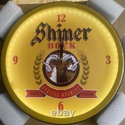 Shiner Bock Beer Retro Clock LED Neon Light 13Ram Logo Yellow Texas Brewery HTF